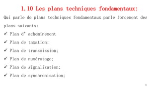 1.10 Les plans techniques fondamentaux:
Qui parle de plans techniques fondamentaux parle forcement des
plans suivants:
 Plan d’acheminement
 Plan de taxation;
 Plan de transmission;
 Plan de numérotage;
 Plan de signalisation;
 Plan de synchronisation;
36
 