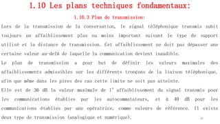 1.10 Les plans techniques fondamentaux:
1.10.3 Plan de transmission:
Lors de la transmission de la conversation, le signal téléphonique transmis subit
toujours un affaiblissement plus ou moins important suivant le type de support
utilisé et la distance de transmission. Cet affaiblissement ne doit pas dépasser une
certaine valeur au-delà de laquelle la communication devient inaudible.
Le plan de transmission a pour but de définir les valeurs maximales des
affaiblissements admissibles sur les différents tronçons de la liaison téléphonique,
afin que même dans les pires des cas cette limite ne soit pas atteinte.
Elle est de 36 dB la valeur maximale de l’affaiblissement du signal transmis pour
les communications établies par les autocommutateurs, et à 40 dB pour les
communications établies par une opératrice, comme valeurs de référence. Il existe
deux type de transmission (analogique et numérique). 42
 
