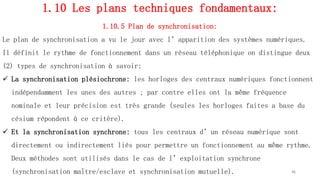 1.10 Les plans techniques fondamentaux:
1.10.5 Plan de synchronisation:
Le plan de synchronisation a vu le jour avec l’apparition des systèmes numériques.
Il définit le rythme de fonctionnement dans un réseau téléphonique on distingue deux
(2) types de synchronisation à savoir:
 La synchronisation plésiochrone: les horloges des centraux numériques fonctionnent
indépendamment les unes des autres ; par contre elles ont la même fréquence
nominale et leur précision est très grande (seules les horloges faites a base du
césium répondent à ce critère).
 Et la synchronisation synchrone: tous les centraux d’un réseau numérique sont
directement ou indirectement liés pour permettre un fonctionnement au même rythme.
Deux méthodes sont utilisés dans le cas de l’exploitation synchrone
(synchronisation maître/esclave et synchronisation mutuelle). 46
 