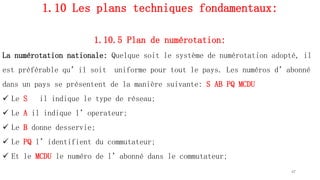 1.10 Les plans techniques fondamentaux:
1.10.5 Plan de numérotation:
La numérotation nationale: Quelque soit le système de numérotation adopté, il
est préférable qu’il soit uniforme pour tout le pays. Les numéros d’abonné
dans un pays se présentent de la manière suivante: S AB PQ MCDU
 Le S il indique le type de réseau;
 Le A il indique l’operateur;
 Le B donne desservie;
 Le PQ l’identifient du commutateur;
 Et le MCDU le numéro de l’abonné dans le commutateur;
47
 