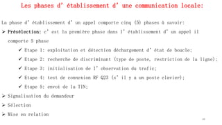 Les phases d’établissement d’une communication locale:
La phase d’établissement d’un appel comporte cinq (5) phases à savoir:
 Présélection: c’est la première phase dans l’établissement d’un appel il
comporte 5 phase
 Etape 1: exploitation et détection déchargement d’état de boucle;
 Etape 2: recherche de discriminant (type de poste, restriction de la ligne);
 Etape 3: initialisation de l’observation du trafic;
 Etape 4: test de connexion RF Q23 (s’il y a un poste clavier);
 Etape 5: envoi de la TIN;
 Signalisation du demandeur
 Sélection
 Mise en relation
49
 