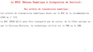Le RNIS (Réseau Numérique à Intégration de Service):
Des artères de transmission numérique:
Les artères de transmission numériques basés sur le MIC de la recommandation
G703 de l’UIT.
Le MIC (2048 kb/s) peut être transporté par du cuivre, de la fibre optique ou
par le Faisceau Hertzien. La technologie utilisé est le PDH ou le SDH.
57
 
