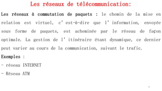 Les réseaux de télécommunication:
6
Les réseaux à commutation de paquets : le chemin de la mise en
relation est virtuel, c’est-à-dire que l’information, envoyée
sous forme de paquets, est acheminée par le réseau de façon
optimale. La gestion de l’itinéraire étant dynamique, ce dernier
peut varier au cours de la communication, suivant le trafic.
Exemples :
- réseau INTERNET
- Réseau ATM
 