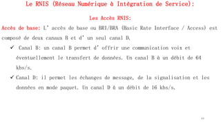 Le RNIS (Réseau Numérique à Intégration de Service):
Les Accès RNIS:
Accès de base: L’accès de base ou BRI/BRA (Basic Rate Interface / Access) est
composé de deux canaux B et d’un seul canal D.
 Canal B: un canal B permet d’offrir une communication voix et
éventuellement le transfert de données. Un canal B à un débit de 64
kbs/s.
 Canal D: il permet les échanges de message, de la signalisation et les
données en mode paquet. Un canal D à un débit de 16 kbs/s.
64
 