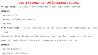 Les réseaux de télécommunication:
7
 type ouvert : Il peut s'interconnecter à plusieurs autres réseaux.
Exemple :
- réseau télex
- réseau téléphonique commuté
- internet
 de type fermé : les utilisateurs n’ont la possibilité de communiquer qu’avec
ceux
faisant partie de la même entité juridique, bien que les ressources techniques :
matériel, logiciels,… puissent être communes à plusieurs entités.
Exemple :
- réseau bancaire
- réseau d’entreprises
 