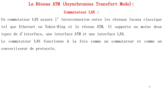 Le Réseau ATM (Asynchronous Transfert Mode):
Commutateur LAN :
Un commutateur LAN assure l’interconnexion entre les réseaux locaux classique
tel que Ethernet ou Token-Ring et le réseau ATM. Il supporte au moins deux
types de d'interface, une interface ATM et une interface LAN.
Le commutateur LAN fonctionne à la fois comme un commutateur et comme un
convertisseur de protocole.
75
 