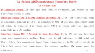 Le Réseau ATM(Asynchronous Transfert Mode):
La cellule ATM:
a) Interface réseau: On distingue deux familles de trames, qui dépende du type
d'interface réseau utilisé.
Interface réseau UNI ( Userto Network Interface ): L’UNI est l'interface entre
un équipement terminal privé et un commutateur ATM. il est plus précisément nommé
UNI privé. La connexion d'un réseau privé ATM à un réseau public est également
nommé UNI. mais UNI public.
Interface réseau NNI ( Network to Node Interface ): Le NNI est une interface
entre deux commutateurs publics. Deux types de NNI existent, le NNI privé qui
décrit l'interface commutateur local d'une entreprise, et le NNI public qui décrit
l'interface entre les commutateurs des réseaux publics ATM comme ceux des
opérateurs. 81
 