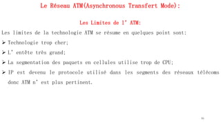 Le Réseau ATM(Asynchronous Transfert Mode):
Les Limites de l’ATM:
Les limites de la technologie ATM se résume en quelques point sont:
 Technologie trop cher;
 L’entête très grand;
 La segmentation des paquets en cellules utilise trop de CPU;
 IP est devenu le protocole utilisé dans les segments des réseaux télécoms
donc ATM n’est plus pertinent.
86
 