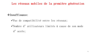 Les réseaux mobiles de la première génération
Insuffisance:
Pas de compatibilité entre les réseaux;
Nombre d’utilisateurs limités à cause de son mode
d’accès;
91
 