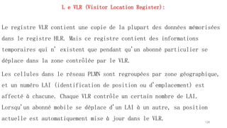 L e VLR (Visitor Location Register):
Le registre VLR contient une copie de la plupart des données mémorisées
dans le registre HLR. Mais ce registre contient des informations
temporaires qui n' existent que pendant qu'un abonné particulier se
déplace dans la zone contrôlée par le VLR.
Les cellules dans le réseau PLMN sont regroupées par zone géographique,
et un numéro LAI (identification de position ou d'emplacement) est
affecté à chacune. Chaque VLR contrôle un certain nombre de LAI.
Lorsqu'un abonné mobile se déplace d'un LAI à un autre, sa position
actuelle est automatiquement mise à jour dans le VLR. 128
 