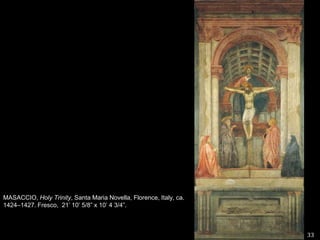 33MASACCIO, Holy Trinity, Santa Maria Novella, Florence, Italy, ca. 1424–1427. Fresco,  21’ 10’ 5/8” x 10’ 4 3/4”.   