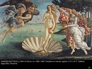 53SANDRO BOTTICELLI, Birth of Venus, ca. 1484–1486. Tempera on canvas, approx. 5’ 9” x 9’ 2”. Galleria degli Uffizi, Florence. 