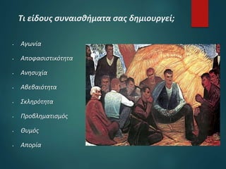 Τι είδους συναισθήματα σας δημιουργεί;
 Αγωνία
 Αποφασιστικότητα
 Ανησυχία
 Αβεβαιότητα
 Σκληρότητα
 Προβληματισμός
 Θυμός
 Απορία
 