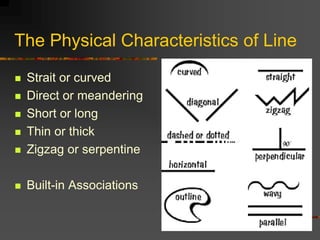 The Physical Characteristics of Line
 Strait or curved
 Direct or meandering
 Short or long
 Thin or thick
 Zigzag or...