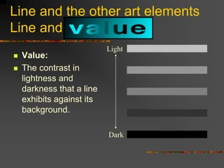 Line and the other art elements
Line and Value
 Value:
 The contrast in
lightness and
darkness that a line
exhibits agai...