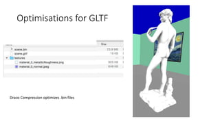 Optimisations for GLTF
Draco Compression optimizes .bin files
 