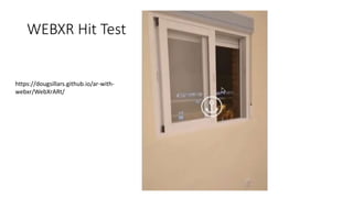 WEBXR Hit Test
https://dougsillars.github.io/ar-with-
webxr/WebXrARt/
 