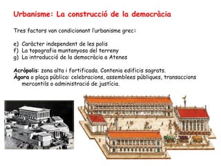 Urbanisme: La construcció de la democràcia

Tres factors van condicionant l’urbanisme grec:

e) Caràcter independent de les polis
f) La topografia muntanyosa del terreny
g) La introducció de la democràcia a Atenes

Acròpolis: zona alta i fortificada. Contenia edificis sagrats.
Àgora o plaça pública: celebracions, assemblees públiques, transaccions
   mercantils o administració de justícia.
 
