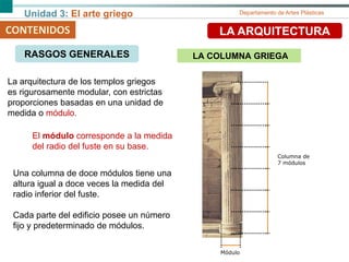 Unidad 3: El arte griego Departamento de Artes Plásticas
El módulo corresponde a la medida
del radio del fuste en su base.
La arquitectura de los templos griegos
es rigurosamente modular, con estrictas
proporciones basadas en una unidad de
medida o módulo.
Módulo
Columna de
7 módulos
Una columna de doce módulos tiene una
altura igual a doce veces la medida del
radio inferior del fuste.
Cada parte del edificio posee un número
fijo y predeterminado de módulos.
CONTENIDOS LA ARQUITECTURA
LA COLUMNA GRIEGARASGOS GENERALES
 