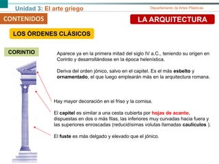 Unidad 3: El arte griego Departamento de Artes Plásticas
CORINTIO
CONTENIDOS LA ARQUITECTURA
Hay mayor decoración en el friso y la cornisa.
El capitel es similar a una cesta cubierta por hojas de acanto,
dispuestas en dos o más filas, las inferiores muy curvadas hacia fuera y
las superiores enroscadas (reducidísimas volutas llamadas caulículos ).
El fuste es más delgado y elevado que el jónico.
Aparece ya en la primera mitad del siglo IV a.C., teniendo su origen en
Corinto y desarrollándose en la época helenística.
Deriva del orden jónico, salvo en el capitel. Es el más esbelto y
ornamentado, el que luego emplearán más en la arquitectura romana.
LOS ÓRDENES CLÁSICOS
 