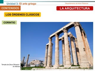 Unidad 3: El arte griego Departamento de Artes Plásticas
CONTENIDOS LA ARQUITECTURA
Templo de Zeus Olímpico
en Atenas
CORINTIO
LOS ÓRDENES CLÁSICOS
 