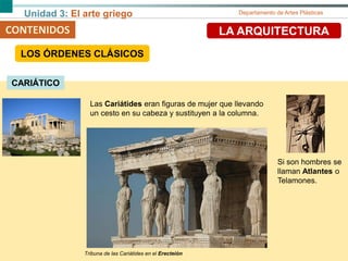 Unidad 3: El arte griego Departamento de Artes Plásticas
CARIÁTICO
CONTENIDOS LA ARQUITECTURA
Las Cariátides eran figuras de mujer que llevando
un cesto en su cabeza y sustituyen a la columna.
Tribuna de las Cariátides en el Erecteión
LOS ÓRDENES CLÁSICOS
Si son hombres se
llaman Atlantes o
Telamones.
 