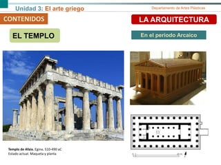Unidad 3: El arte griego Departamento de Artes Plásticas
Templo de Afaia. Egina. 510-490 aC
Estado actual. Maqueta y planta
CONTENIDOS LA ARQUITECTURA
EL TEMPLO En el periodo Arcaico
 