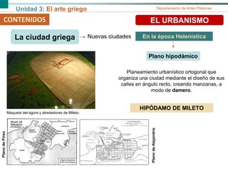 Unidad 3: El arte griego Departamento de Artes Plásticas
CONTENIDOS EL URBANISMO
Nuevas ciudades
Plano hipodámico
Planeamiento urbanístico ortogonal que
organiza una ciudad mediante el diseño de sus
calles en ángulo recto, creando manzanas, a
modo de damero.
HIPÓDAMO DE MILETO
Maqueta del ágora y alrededores de Mileto.
PlanodePireo
PlanodeAlejandría
En la época HelenísticaLa ciudad griega
 