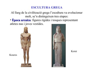 ESCULTURA GREGA
Al llarg de la civilització grega l’escultura va evolucionar
molt, se’n distingeixen tres etapes:
• Època arcaicaÈpoca arcaica: figures rígides i tosques representant
atletes nus i joves vestides.
Kouros
Korai
 