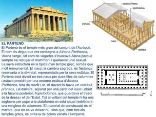 EL PARTENÓ
El Partenó és el temple més gran del conjunt de l'Acròpoli.
El nom és degut que era consagrat a Athena Parthenos,
'Atena verge', tal com de vegades s'invocava Atena perquè
sempre va rebutjar el matrimoni i qualsevol unió sexual.
La seva estructura és la típica d'un temple grec, només que
molt monumental. El naos, la cambra sagrada, és l'estança
reservada a la divinitat, representada per la seva estàtua. El
Partenó està dividit en tres naus per dues files de columnes
i estava presidit per una enorme estàtua d'Athena
Parthenos, feta de marfil i or. Al davant hi havia un vestíbul,
prònaos, i al darrera, separat per una paret del naos i obert
a la façana posterior, l'opistòdomos, que guardava el tresor
de la deesa i el de l'Estat. Tot al voltant del temple hi ha uns
esglaons per pujar a la plataforma on està situat (estilòbat) i
una renglera de columnes. El material de construcció és el
marbre, que no es va deixar nu, sinó que, com tots els
temples grecs, es pintava de colors variats i llampants.
 