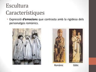 EsculturaCaracterístiquesExpressiód’emocions que contrasta amb la rigidesadelspersonatgesromànics.RomànicGòtic