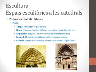 EsculturaEspaisescultòrics a les catedralsPortaladescentrals i lateralsParts: Timpà: Part interior del frontóLlinda: Elementhoritzontal que suporta la paretdamuntseuArquivolta: conjunt  de motllures que ornamenten l’arcMainell: Element vertical que parteix una portaladaBrancal: costats del mur que limiten lateralment la portalada