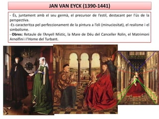 JAN VAN EYCK (1390-1441)
- És, juntament amb el seu germà, el precursor de l’estil, destacant per l’ús de la
perspectiva.
-Es caracteritza pel perfeccionament de la pintura a l’oli (minuciositat), el realisme i el
simbolisme.
- Obres: Retaule de l’Anyell Místic, la Mare de Déu del Canceller Rolin, el Matrimoni
Arnolfini i l’Home del Turbant.
 