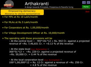 Empowering democracy Allowance for elected representatives Back For MPs at Rs 10 Lakh/month For MLAs at Rs 5 Lakh/month For Corporators at Rs. 1,00,000/month For Village Development Officer at Rs. 10,000/month The spending with these provisions will be  - At the central level --  785*10L*12 = Rs. 942 Cr. against a projected  revenue of ~Rs. 7,46,651 Cr. = ~0.13 % of the revenue - At the state level  (e.g. Maharashtra)  –  366*5L*12 =  ~Rs. 220 Cr. against a projected revenue of ~Rs. 50,000 Cr. = 0.44 % of the revenue - At the local corporation level  (e.g. Aurangabad)  – 100*1,00,000*12 = Rs. 12 Cr. against a revenue of ~Rs. 250 Cr. = 4.8 % of the revenue 