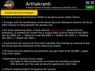 A Social security identification (SSID) is issued to every Indian Citizen. To begin with the beneficiaries of the Social Security Allowance Scheme will be all adult citizens of India beneath the poverty line.  For every deserving adult, a fixed amount  (linked to DA) , Social Security Allowance, is credited per month into a unique bank account linked to the SSID - Say Rs.2000/ pm  -- Based on Food (Rs.900/-) + Shelter (Rs.500/-) + Clothing (Rs.300/-) + Health (Rs.300/-)  Government will remove all non-merit subsidies thus freeing up revenue to pay the Social Security Allowance to the deserving citizens  All Social security allowance beneficiaries can get credit of Rs.50,000/- (upper limit) from banks  Restrictions to ensure correct usage –  - No rights to SSA beneficiaries on income for hereditary property  - SSA amount can’t be used as security against any other loan Uniform implementation throughout the country Social Security Proposal 