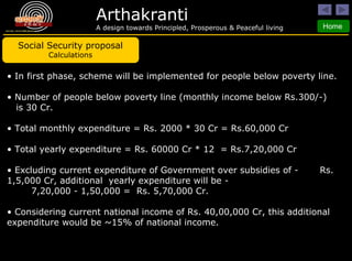 Social Security proposal Calculations In first phase, scheme will be implemented for people below poverty line. Number of people below poverty line (monthly income below Rs.300/-)  is 30 Cr. Total monthly expenditure = Rs. 2000 * 30 Cr = Rs.60,000 Cr Total yearly expenditure = Rs. 60000 Cr * 12  = Rs.7,20,000 Cr  Excluding current expenditure of Government over subsidies of -  Rs. 1,5,000 Cr, additional  yearly expenditure will be - 7,20,000 - 1,50,000 =  Rs. 5,70,000 Cr. Considering current national income of Rs. 40,00,000 Cr, this additional expenditure would be ~15% of national income. 