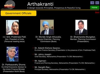 Back Government Officials H.E.  Smt. Pratibhatai Patil ,  Hon. President of India (Personal meeting twice) Dr. Montek Singh Ahluwalia ,   Deputy Chairman, Planning Commission (Book) Dr. Bhalchandra Mungekar,  Member, Planning Commission (Presentation) Dr. Parthasarathy Shome ,  Ex-Chief Economic Advisor to the Union Finance Minister (Presentation North Block) Dr. Adarsh Kishore Saxena  - Ex-Union Finance Secretary (Presentation in the presence of Smt. Pratibhatai Patil) Mr. Johny Joseph  - Chief Secretary, Maharashtra (Presentation To CM, Maharashtra ) Mr. Agarwal - Finance and Planning Secretary, Maharashtra (Presentation To CM, Maharashtra ) Mr. Sangith Rao - Principal Secretary, Maharashtra (Presentation To CM, Maharashtra ) 