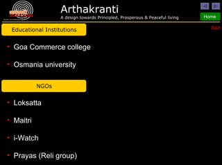 Educational Institutions Goa Commerce college Osmania university NGOs Loksatta Maitri i-Watch Prayas (Reli group) Back 