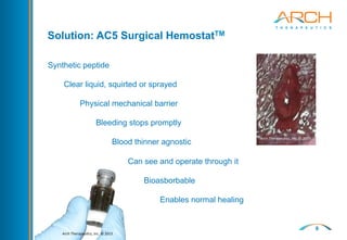 9
Solution: AC5 Surgical HemostatTM
Synthetic peptide
Clear liquid, squirted or sprayed
Physical mechanical barrier
Bleeding stops promptly
Blood thinner agnostic
Can see and operate through it
Bioasborbable
Enables normal healing
Arch	
  Therapeu,cs,	
  Inc.	
  ©	
  2015	
  
Arch	
  Therapeu,cs,	
  Inc.	
  ©	
  2015	
  
 