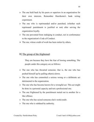 68


        The one held back by his peers or superiors in an organization for

          their own interests. Remember Hawthorne's bank wiring
          experiment.
        The one who is reprimanded and/or punished, (whether such

          reprimand/ punishment is justified or not) after serving the
          organization loyally.
        The one prevented from indulging in conduct, not in conformance

          to the organization's Code of Conduct.
        The one, whose credit of work has been stolen by others.




       B] The group of the frightened:

              They are because they have the fear of loosing something. The
              people under this category are as follows:

        The one who has thwarted someone; that is, the one who has

          pushed himself up by pulling other(s) down.
        The one who has committed a serious wrong or a deliberate act

          detrimental to the organization.
        The one who has become known for a wrongful act. This act might

          be done in a personal capacity and not a professional one.
        The one frightened by the punishment meted out to another for a

          like offence.
        The one who has seized someone else's work/credit.

        The one who is subdued by authority.




Created by: Harikrishnan Potty.                    E mail: hari1.6180@yahoo.com
 