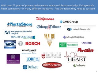 With over 23 years of proven performance, Advanced Resources helps Chicagoland’s
finest companies – in many different industries - find the talent they need to succeed




                                                                                         4
 