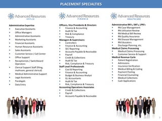 PLACEMENT SPECIALTIES




Administrative Expertise              Officers, Vice Presidents & Directors   Administrative RN’s, SW’s, LPN’s
                                            Finance & Accounting                 RN Case Management
   Executive Assistants
                                            Audit & Tax                          RN Utilization Review
   Office Managers                                                               RN Medical Bill Review
                                            Risk & Compliance
   Administrative Assistants               Treasury                             RN Quality Assurance
   Marketing Assistants              Managers & Supervisors:                     RN Disease Management
   Financial Assistants                    Controllers                          RN Educators
                                            Finance & Accounting                 Discharge Planning, etc.
   Human Resource Assistants
                                            SEC Reporting                    Medical Claims Processing
   Sales Assistants                                                              Medical Claims Processing
                                            Accounts Payable & Receivable
   Customer Service / Call Center          Payroll                              Customer Service & Support
   Office Support                          Credit & Collections             Medical Revenue Cycle
   Receptionists / Switchboard             Audit & Tax                          Patient Registration
    Operators                               Risk, Compliance & Treasury          Admissions
                                      Staff Level Professionals                   Insurance Verification
   Clerical Support Staff (filing,
                                            Cost & Reporting                     Medical Billing & Coding
    mailroom, general clerical)
                                            Finance & Accounting                 Payment Posting
   Medical Administrative Support                                                Financial Counseling
                                            Budget & Business Analyst
   Legal Assistants                        GL Accountants                       Medical Collections
   Paralegals                              Audit & Tax                          Cash Applications
   Data Entry                              Risk, Compliance & Treasury
                                      Accounting Operations Associates
                                            Credit & Collections
                                            Payroll
                                            Accounts Payable & Receivable




                                                                                                                 7
 