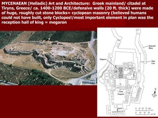 MYCENAEAN (Helladic) Art and Architecture:  Greek mainland/ citadel at Tiryns, Greece/ ca. 1400-1200 BCE/defensive walls (20 ft. thick) were made of huge, roughly cut stone blocks= cyclopean masonry (believed humans could not have built, only Cyclopes!/most important element in plan was the reception hall of king = megaron 