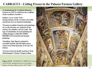 Figure 24-23  ANNIBALE CARRACCI, Loves of the Gods, ceiling frescoes in the gallery, Palazzo Farnese, Rome, Italy, 1597–1601. CARRACCI – Ceiling Fresco in the Palazzo Farnese Gallery Commissioned by Cardinal Odoardo Farnese in 1597 to celebrate the wedding of the cardinal’s brother =  Subject:  Loves of the Gods  – interpretations of the varieties of earthly and divine love in classical mythology Format resembles framed easel paintings on a wall, but they are painted on the surface of a shallow curved vault/  this type of simulation of easel painting for ceiling design is called QUADRO RIPORTATO (transferred framed painting) Standing Atlas figures painted to resemble marble and the light source seems to be from beneath, as if real 3-D statues Carracci derived motifs used here from Michelangelo’s Sistine Chapel ceiling 
