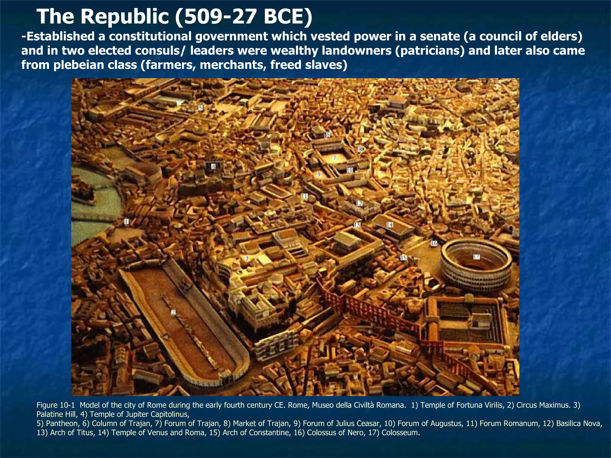 Figure 10-1  Model of the city of Rome during the early fourth century CE. Rome, Museo della Civiltà Romana.  1) Temple of Fortuna Virilis, 2) Circus Maximus. 3) Palatine Hill, 4) Temple of Jupiter Capitolinus,  5) Pantheon, 6) Column of Trajan, 7) Forum of Trajan, 8) Market of Trajan, 9) Forum of Julius Ceasar, 10) Forum of Augustus, 11) Forum Romanum, 12) Basilica Nova, 13) Arch of Titus, 14) Temple of Venus and Roma, 15) Arch of Constantine, 16) Colossus of Nero, 17) Colosseum. The Republic (509-27 BCE) -Established a constitutional government which vested power in a senate (a council of elders) and in two elected consuls/ leaders were wealthy landowners (patricians) and later also came from plebeian class (farmers, merchants, freed slaves) 