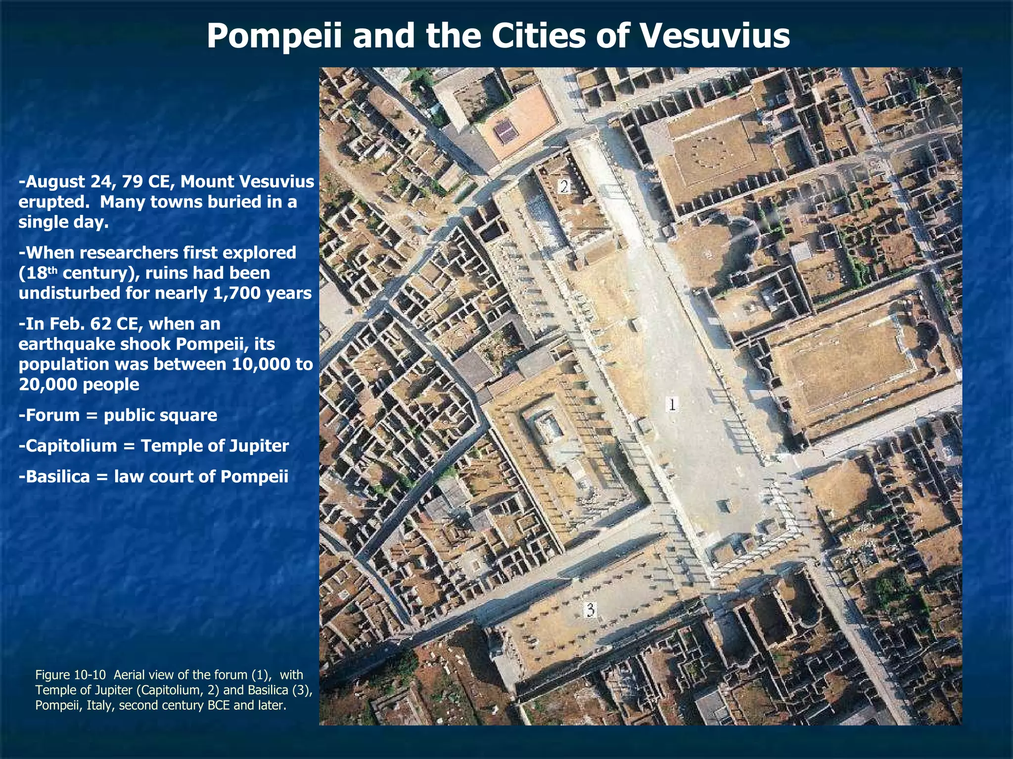 Figure 10-10  Aerial view of the forum (1),  with Temple of Jupiter (Capitolium, 2) and Basilica (3), Pompeii, Italy, second century BCE and later.  Pompeii and the Cities of Vesuvius -August 24, 79 CE, Mount Vesuvius erupted.  Many towns buried in a single day. -When researchers first explored (18 th  century), ruins had been undisturbed for nearly 1,700 years -In Feb. 62 CE, when an earthquake shook Pompeii, its population was between 10,000 to 20,000 people -Forum = public square -Capitolium = Temple of Jupiter -Basilica = law court of Pompeii 