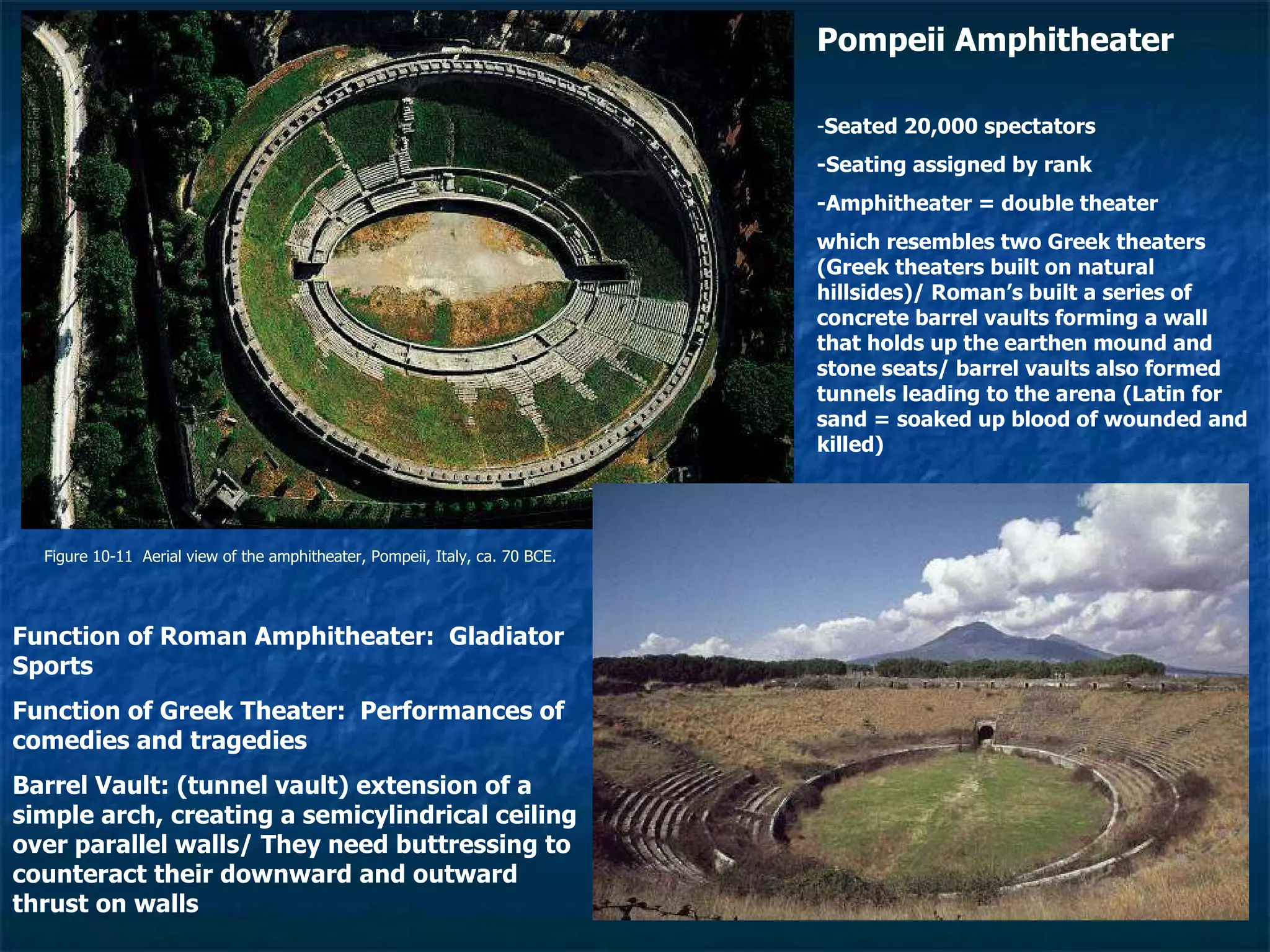 Figure 10-11  Aerial view of the amphitheater, Pompeii, Italy, ca. 70 BCE.  Pompeii Amphitheater - Seated 20,000 spectators -Seating assigned by rank -Amphitheater = double theater which resembles two Greek theaters (Greek theaters built on natural hillsides)/ Roman’s built a series of concrete barrel vaults forming a wall that holds up the earthen mound and stone seats/ barrel vaults also formed tunnels leading to the arena (Latin for sand = soaked up blood of wounded and killed) Function of Roman Amphitheater:  Gladiator Sports Function of Greek Theater:  Performances of comedies and tragedies Barrel Vault: (tunnel vault) extension of a simple arch, creating a semicylindrical ceiling over parallel walls/ They need buttressing to counteract their downward and outward thrust on walls 