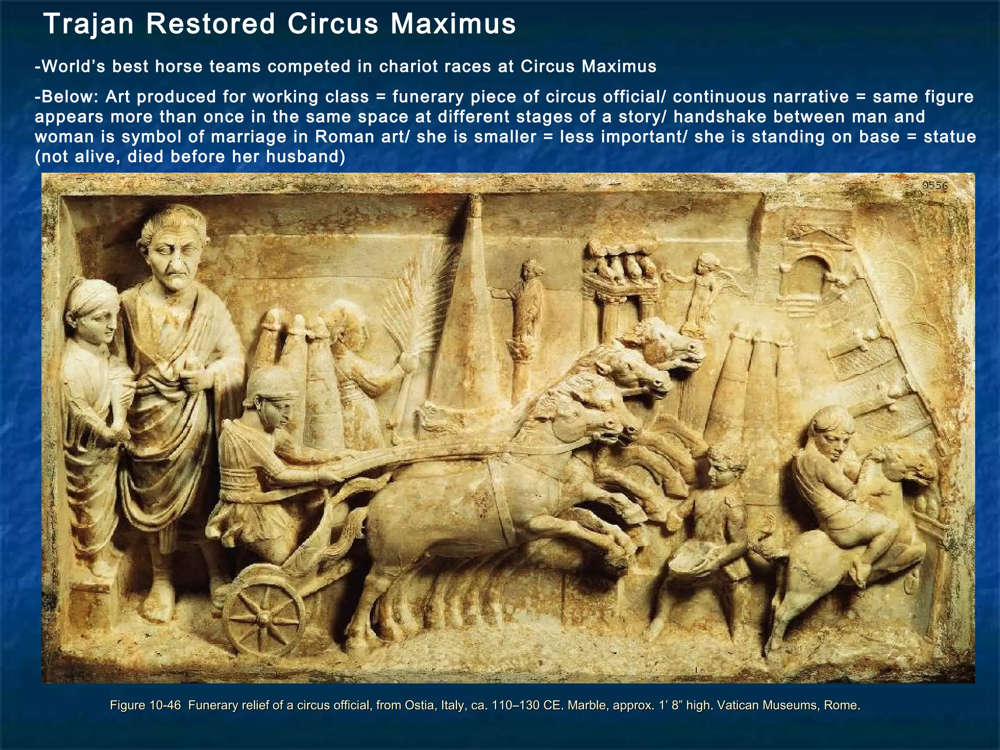 Figure 10-46 Funerary relief of a circus official, from Ostia, Italy, ca. 110–130 CE. Marble, approx. 1’ 8” high. Vatican Museums, Rome.Figure 10-46 Funerary relief of a circus official, from Ostia, Italy, ca. 110–130 CE. Marble, approx. 1’ 8” high. Vatican Museums, Rome.
Trajan Restored Circus Maximus
-World’s best horse teams competed in chariot races at Circus Maximus
-Below: Art produced for working class = funerary piece of circus official/ continuous narrative = same figure
appears more than once in the same space at different stages of a story/ handshake between man and
woman is symbol of marriage in Roman art/ she is smaller = less important/ she is standing on base = statue
(not alive, died before her husband)
 