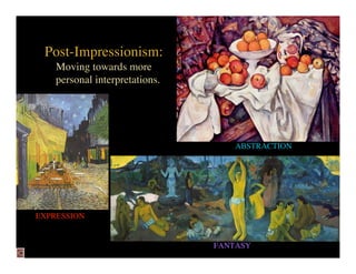Post-Impressionism:
    Moving towards more
    personal interpretations.




                                    ABSTRACTION




EXPRESSION


                                FANTASY
 