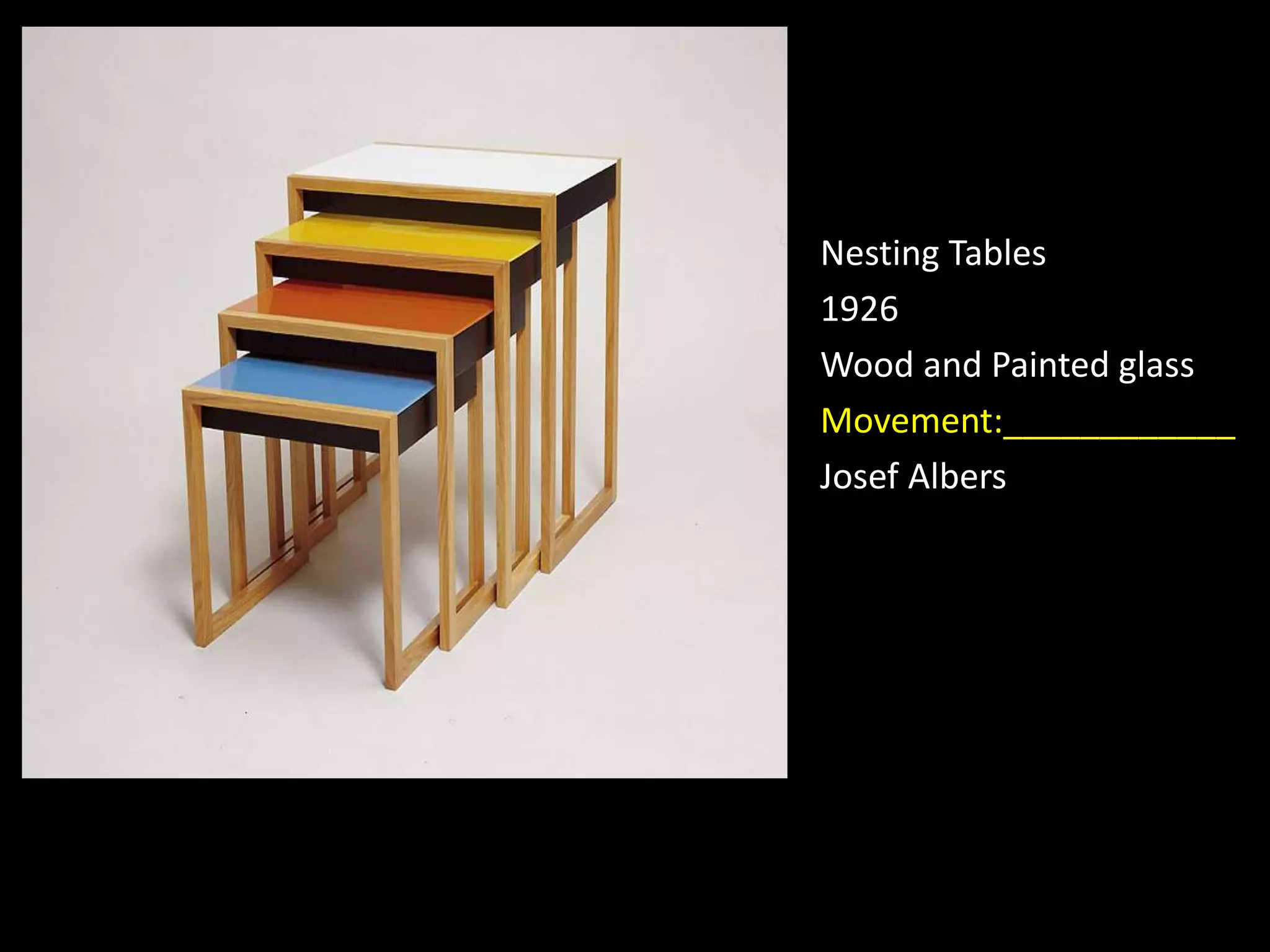 Nesting Tables
1926
Wood and Painted glass
Movement:____________
Josef Albers
 